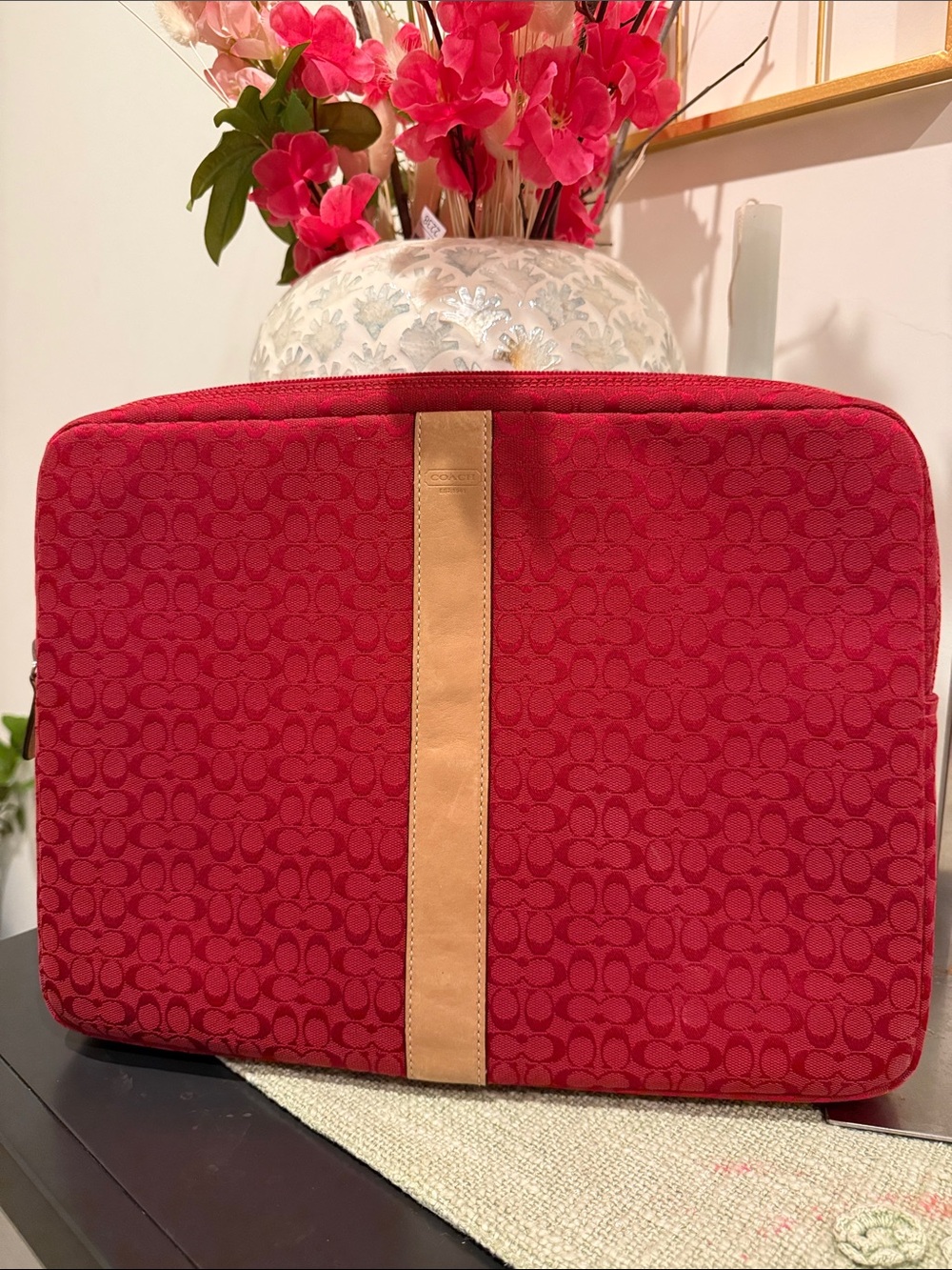 Coach Red Signature Laptop Sleeve with Tan Leather Stripe
